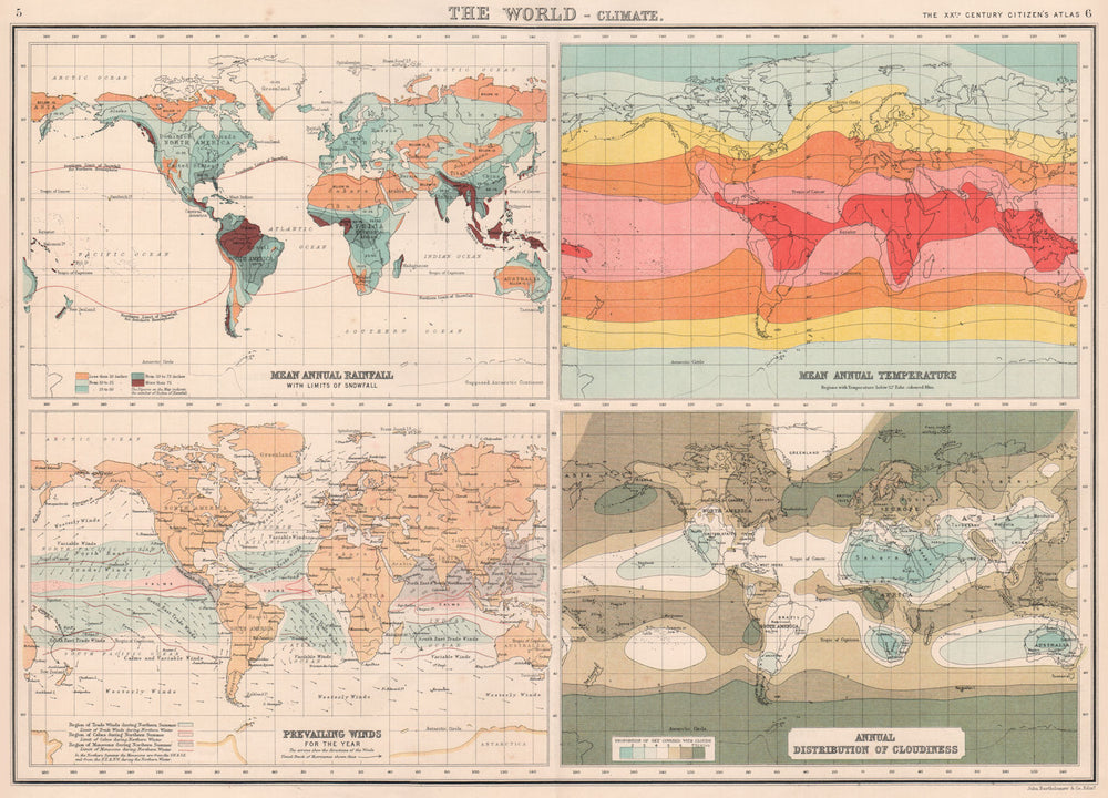 WORLD CLIMATE. Rainfall Temperature Winds Cloudiness. BARTHOLOMEW 1901 old map