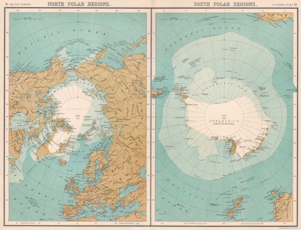 POLAR REGIONS.Arctic Antarctic North South Pole.Explorers observations 1901 map