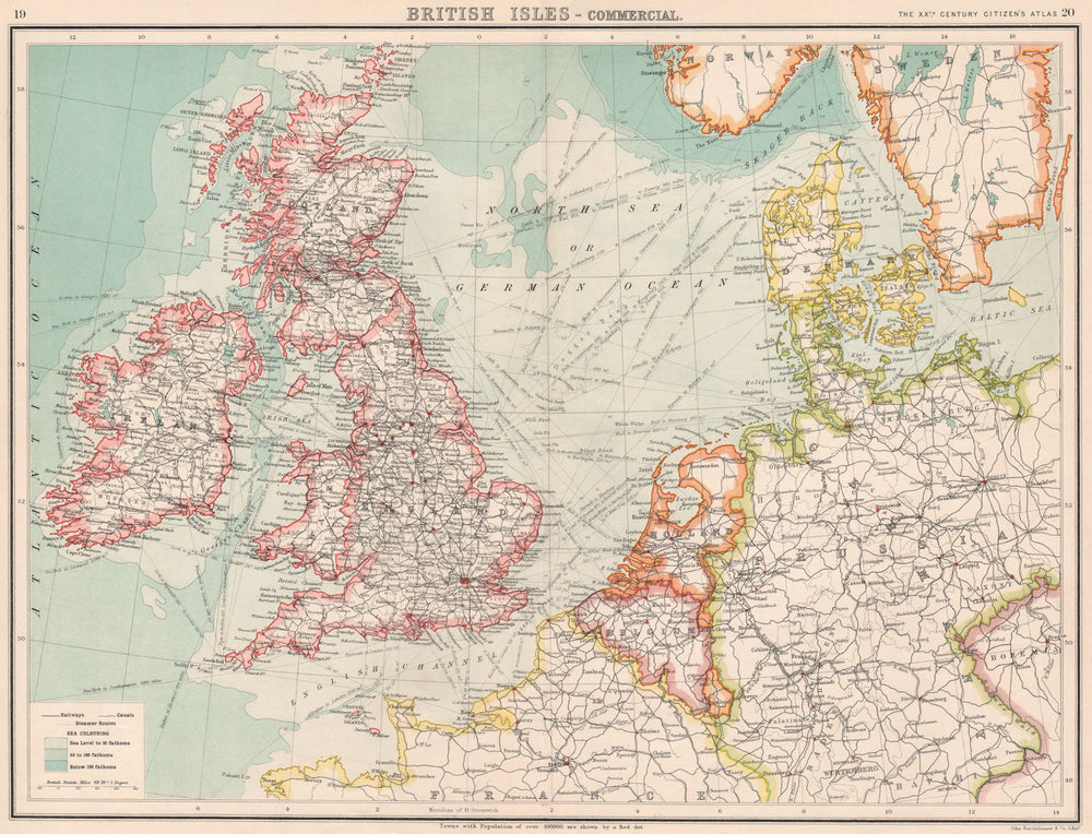 BRITISH ISLES & NW EUROPE TRANSPORT. Steamer routes canals railways 1901 map