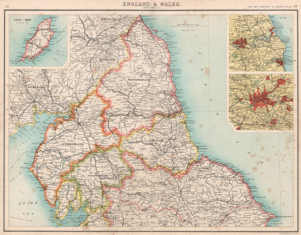 ENGLAND NORTH. Cumbs Northumbs Durham Westm Yorks Newcastle Manchester 1901 map