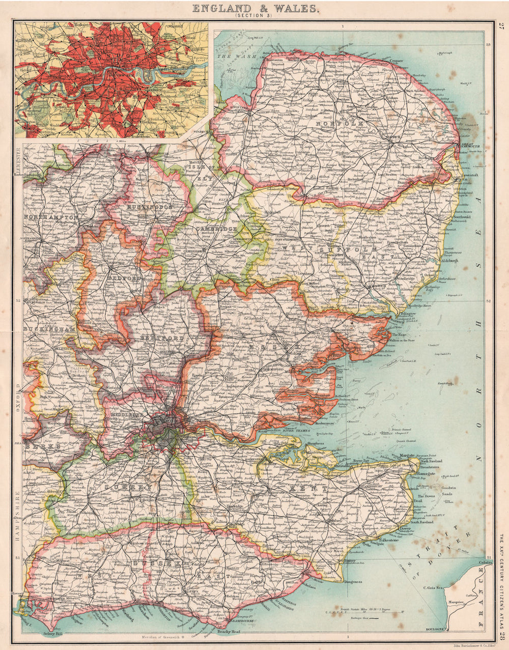 ENGLAND EAST. Home Counties & East Anglia. Inset London. BARTHOLOMEW 1901 map