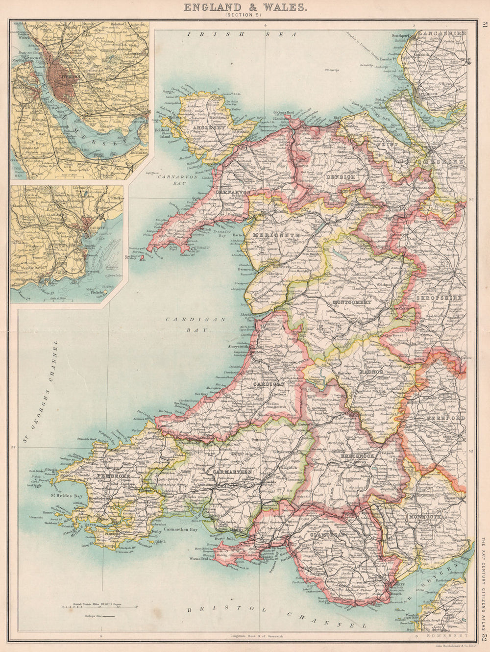 WALES.Showing counties & railways.Inset Liverpool & Cardiff.BARTHOLOMEW 1901 map