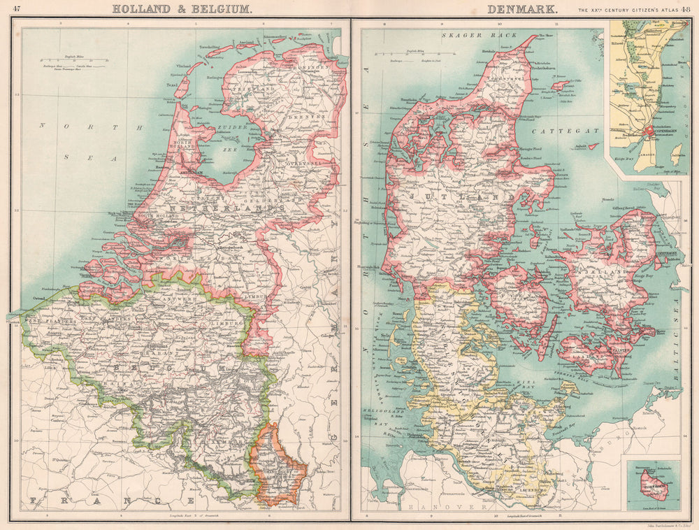 BENELUX/DENMARK.Holland Belgium Schleswig-Holstein.Copenhagen Bornholm 1901 map