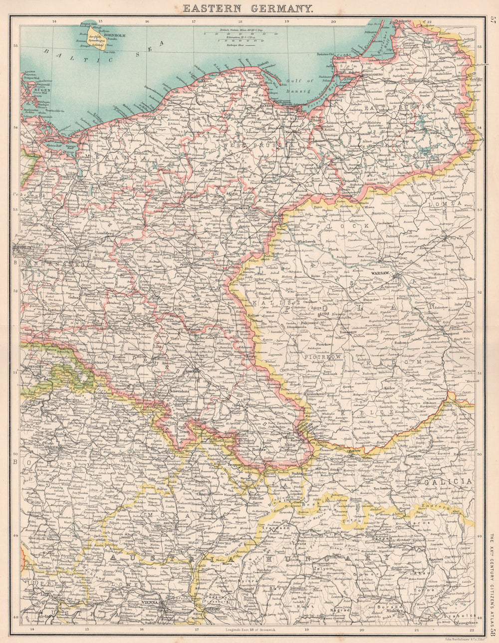 EASTERN GERMANY.Showing states.Prussia Silesia Pomerania Poznan.Poland 1901 map