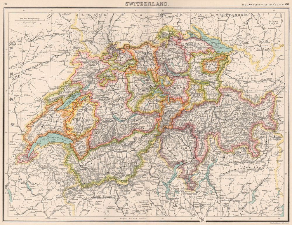 SWITZERLAND. Showing cantons & railways. BARTHOLOMEW 1901 old antique map