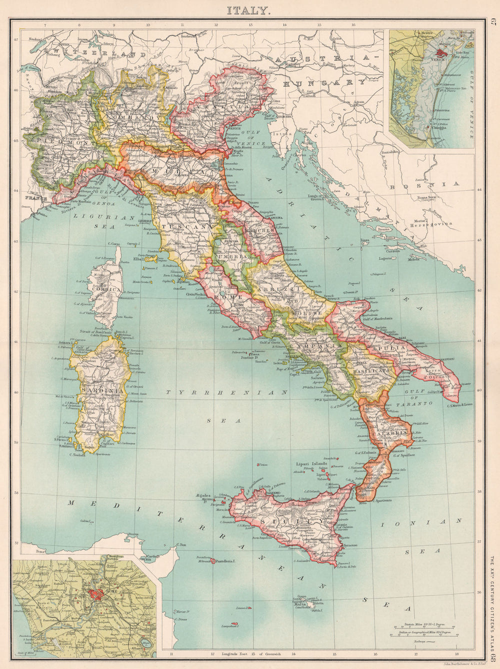 ITALY. Showing regions & railways. Inset Venice; Rome. BARTHOLOMEW 1901 map