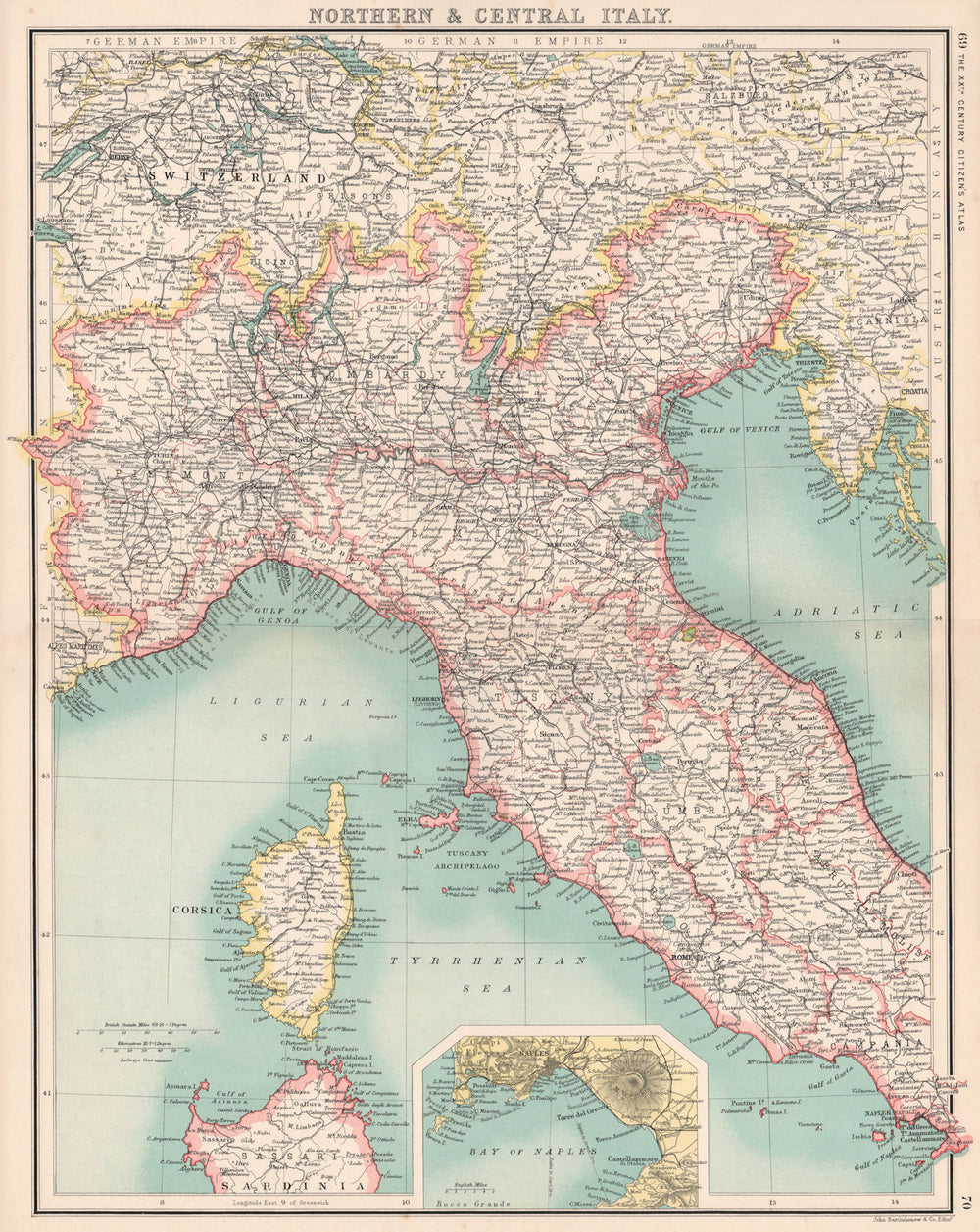 NORTHERN ITALY. Showing railways. Inset Bay of Naples. BARTHOLOMEW 1901 map