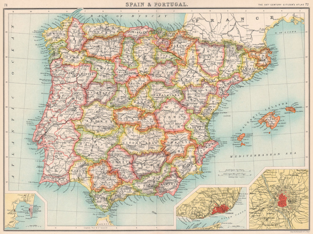 IBERIA.Spain showing provinces & Portugal;Inset Gibraltar Lisbon Madrid 1901 map