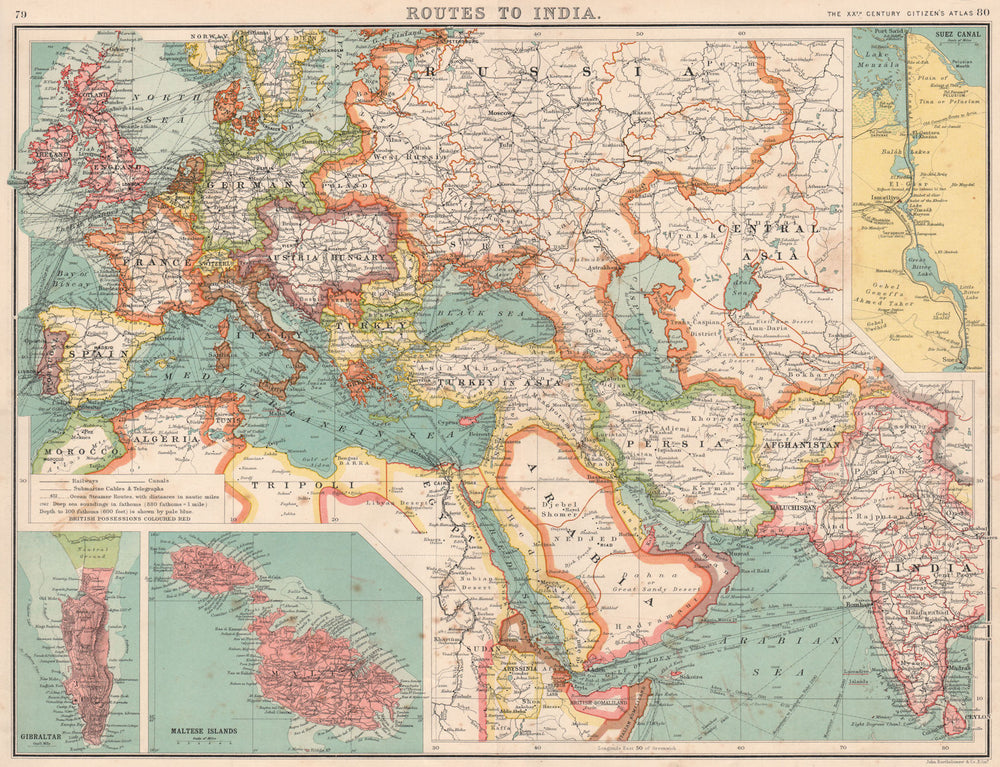 ROUTES TO INDIA.Europe Middle East & Asia.Suez Canal Gibraltar & Malta 1901 map
