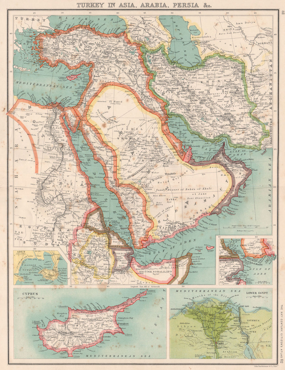 MIDDLE EAST.Turkey Asia Arabia Persia(Iran)Egypt Oman.Cyprus Nile Delta 1901 map