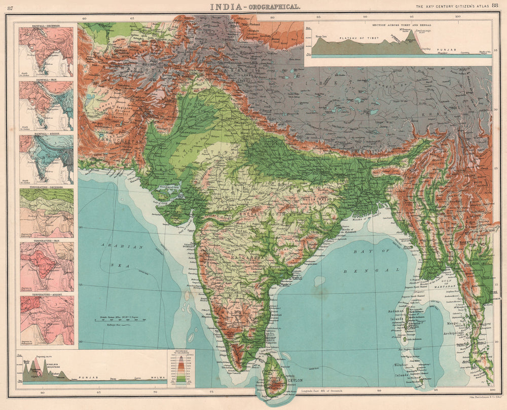 INDIA BURMA PHYSICAL.Relief.Rainfall temperature.Himalayas N-S sections 1901 map