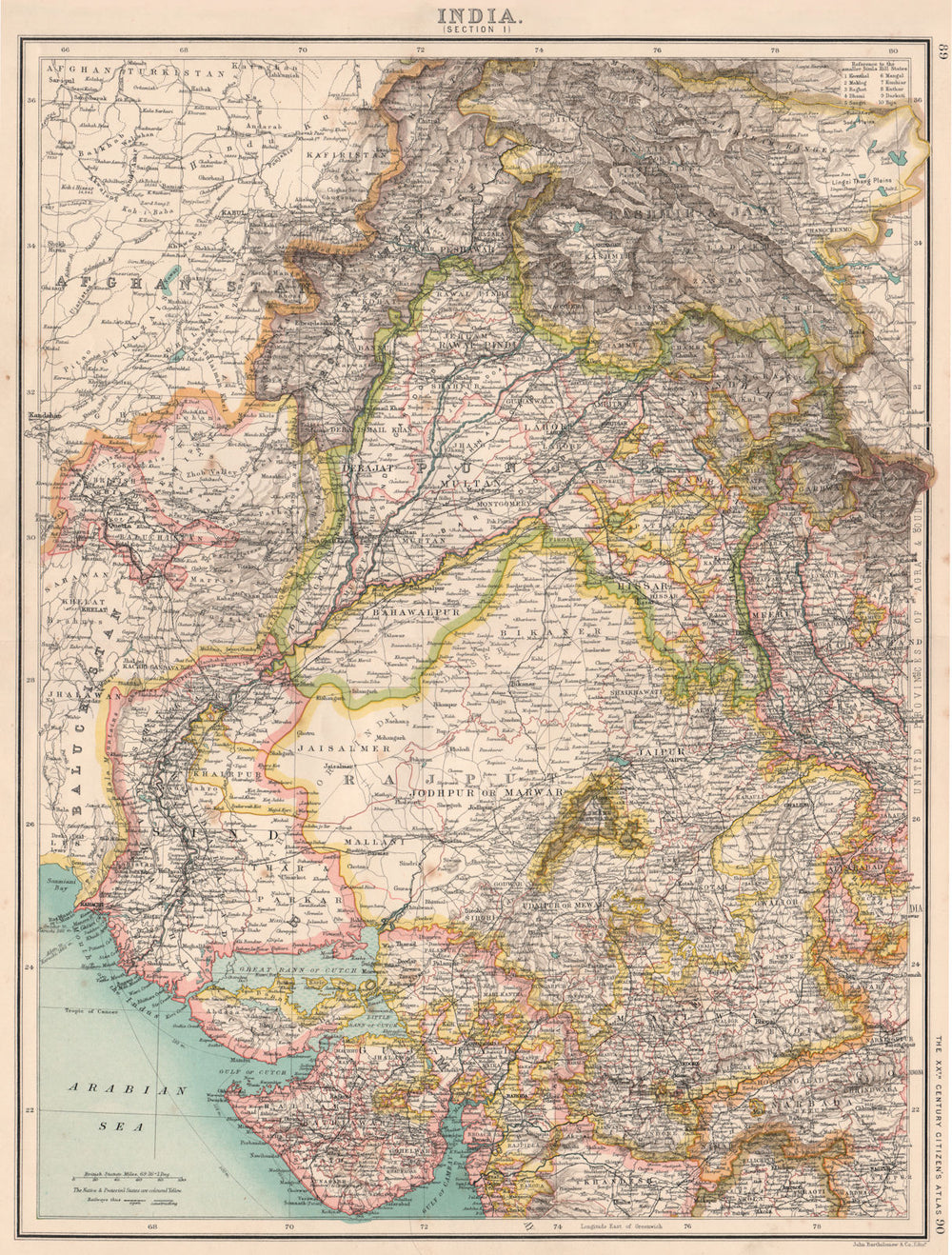 INDIA & NORTH WEST FRONTIER. Rajputana Punjab Gujarat Sindh Kashmir 1901 map