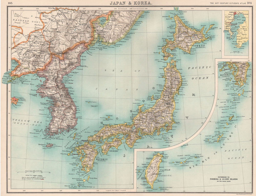 JAPAN & KOREA. Inset Tokyo bay. Formosa Taiwan. Railways. BARTHOLOMEW 1901 map
