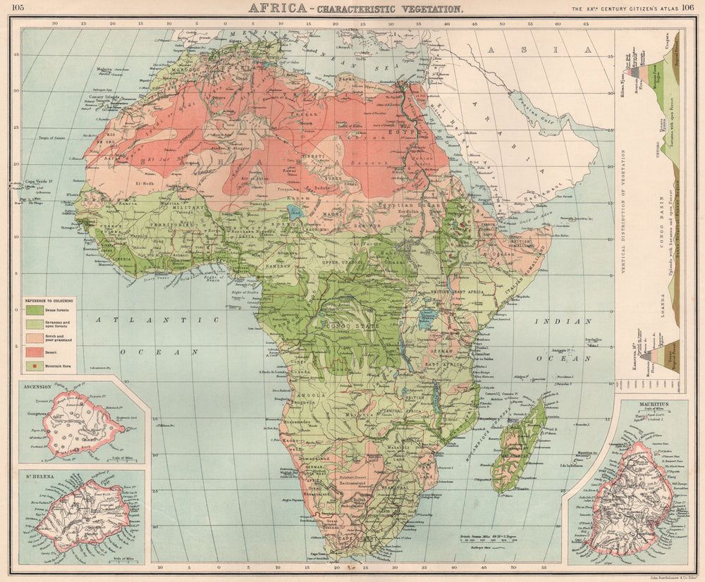 AFRICA VEGETATION. with vertical distribution of vegetation. Mauritius 1901 map