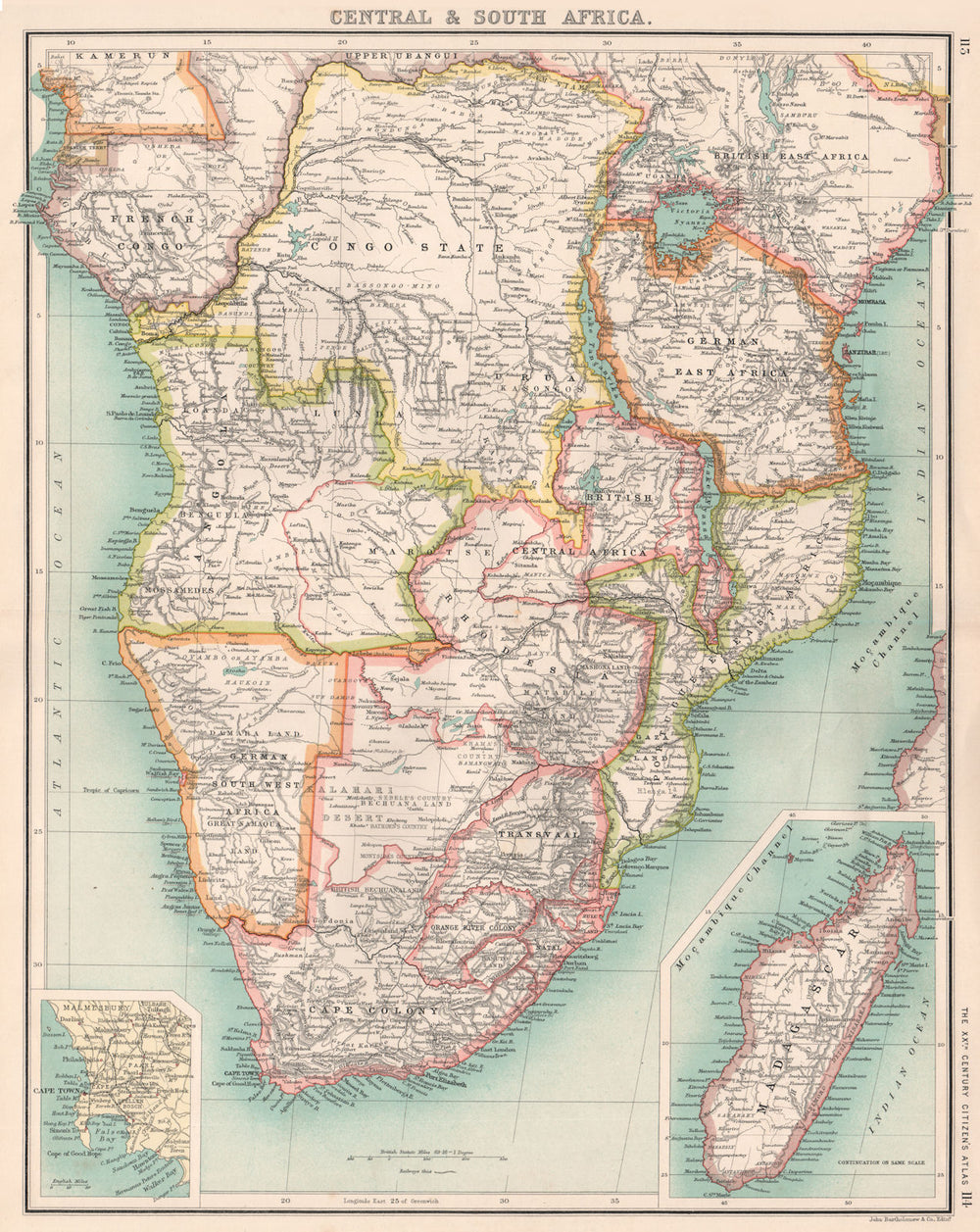 SOUTHERN AFRICA. Congo British Portuguese German East Africa Rhodesia 1901 map