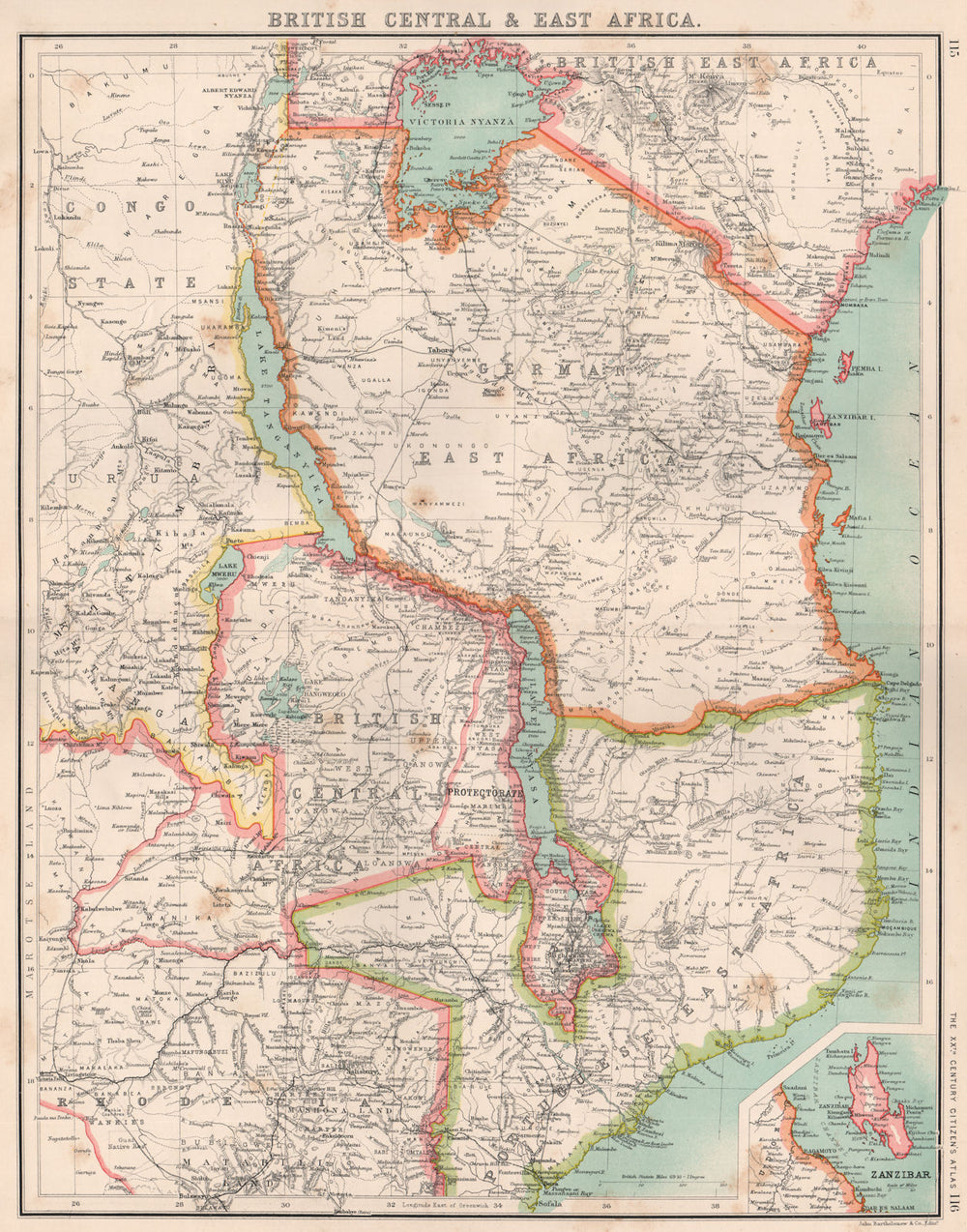 EAST AFRICA. British Central Africa German East Africa. Malawi Tanzania 1901 map