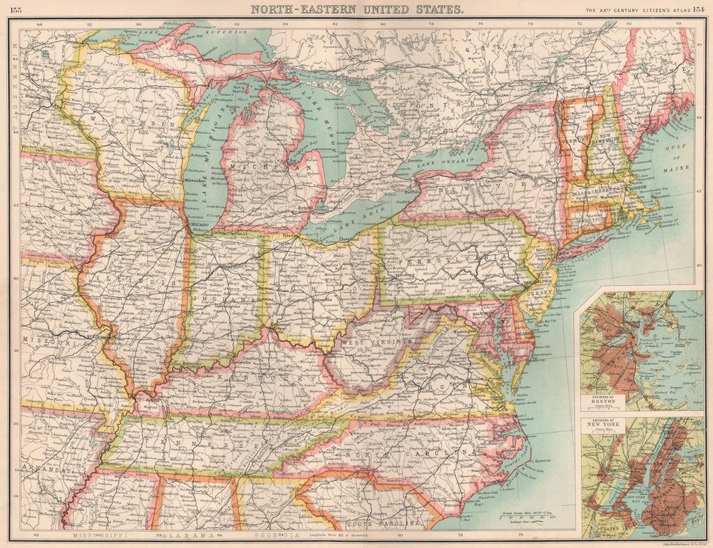 USA NORTH-EAST. United States. Inset Boston & New York. BARTHOLOMEW 1901 map