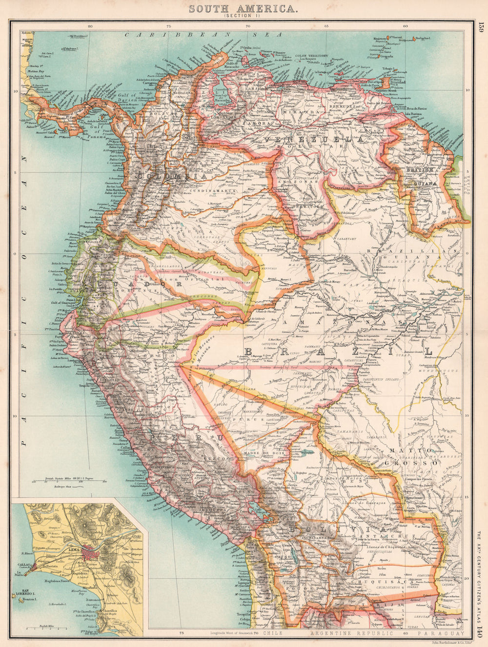 SOUTH AMERICA NW. Venezuela Colombia Ecuador Peru Bolivia. Inset Lima 1901 map