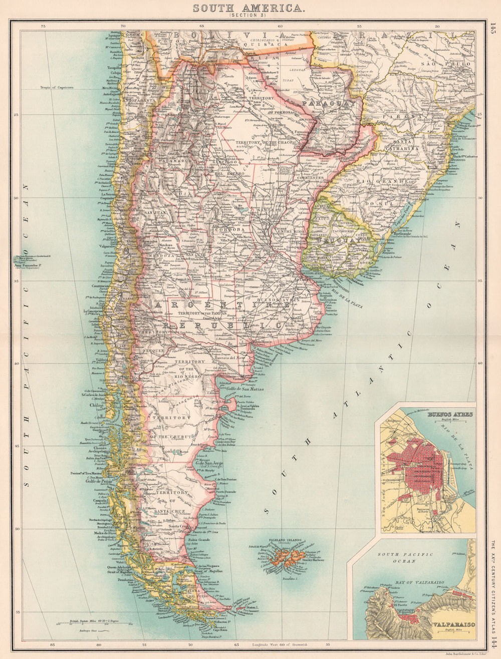 S AMERICA. Argentina Chile Uruguay Paraguay. Buenos Aires; Valparaiso 1901 map