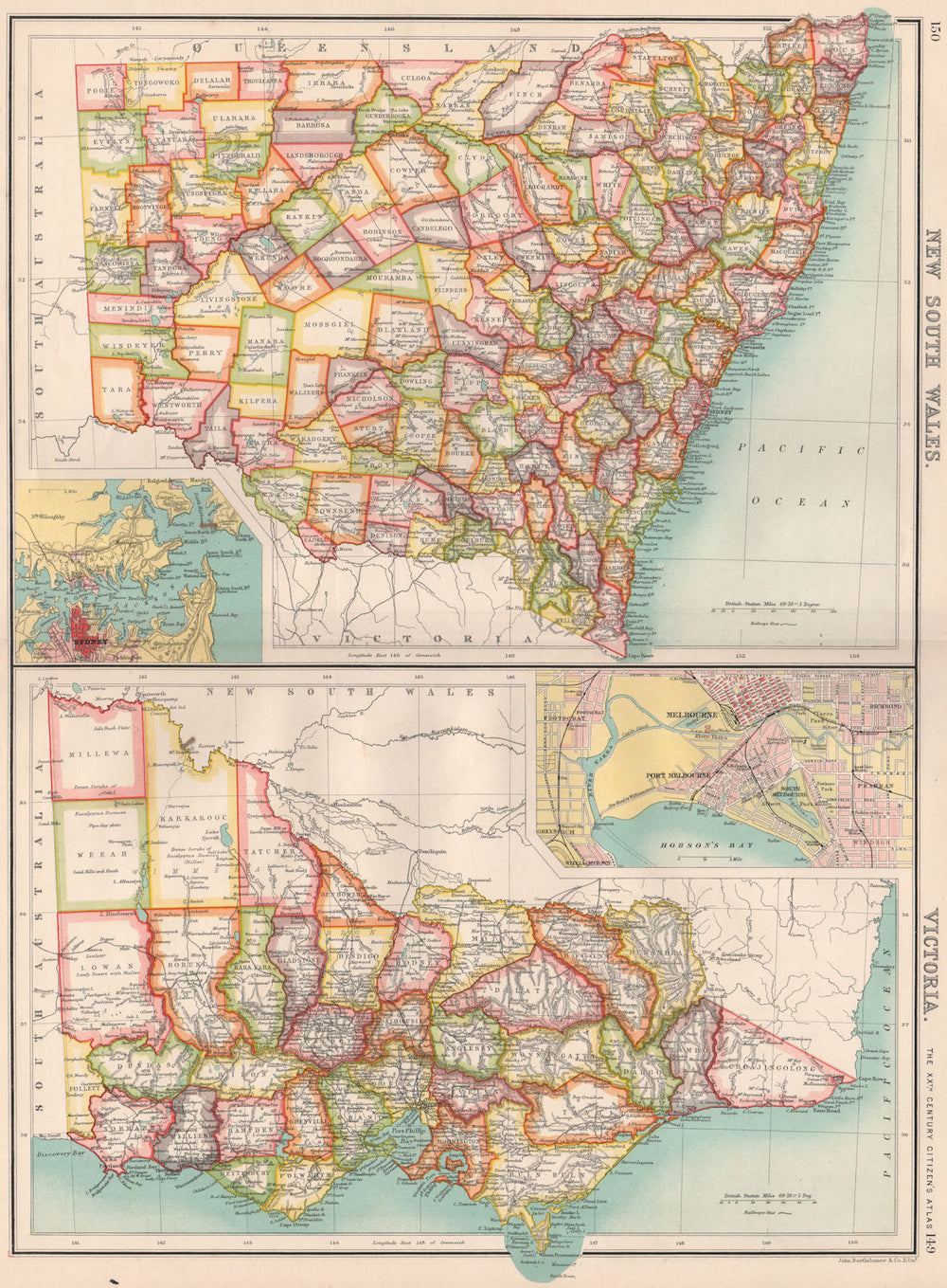 NEW SOUTH WALES & VICTORIA. Counties. Melbourne & Sydney. Australia 1901 map