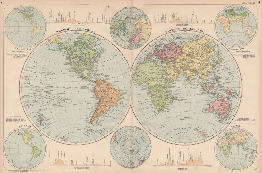 WORLD IN HEMISPHERES.Continental sections.Rainfall Polar regions.BACON 1893 map