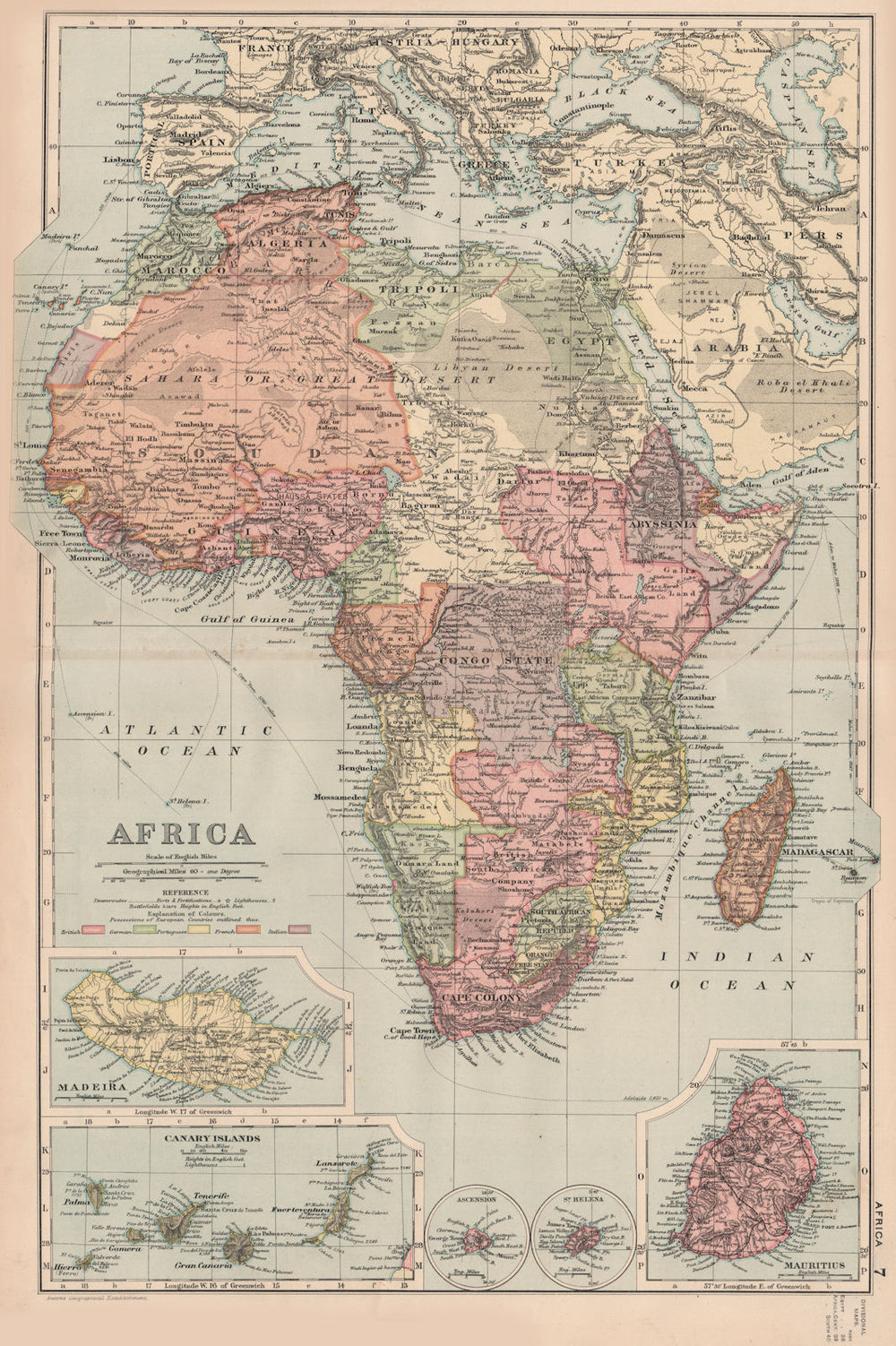 COLONIAL AFRICA.British German French Madeira Canaries Mauritius.BACON 1893 map