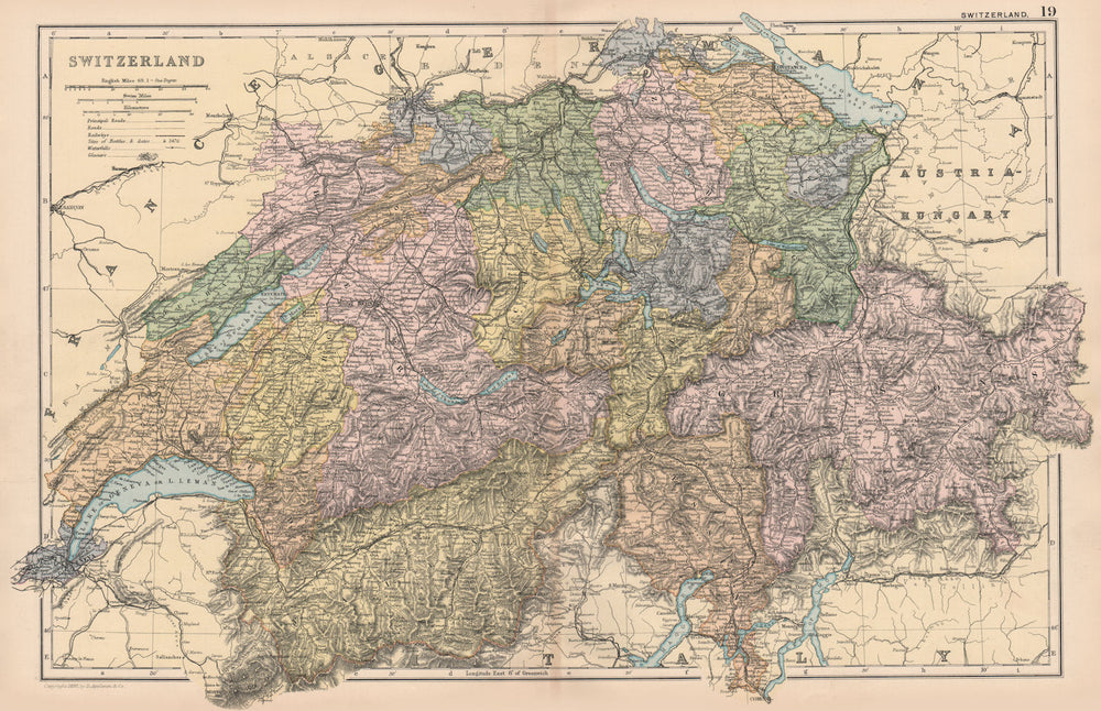 SWITZERLAND BATTLES.Shows battlefields & dates.Cantons glaciers.BACON 1893 map
