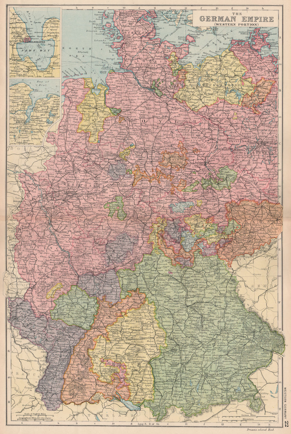 GERMANY.German Empire(West);inset Wilhelmshaven Kiel.Railways.BACON 1893 map