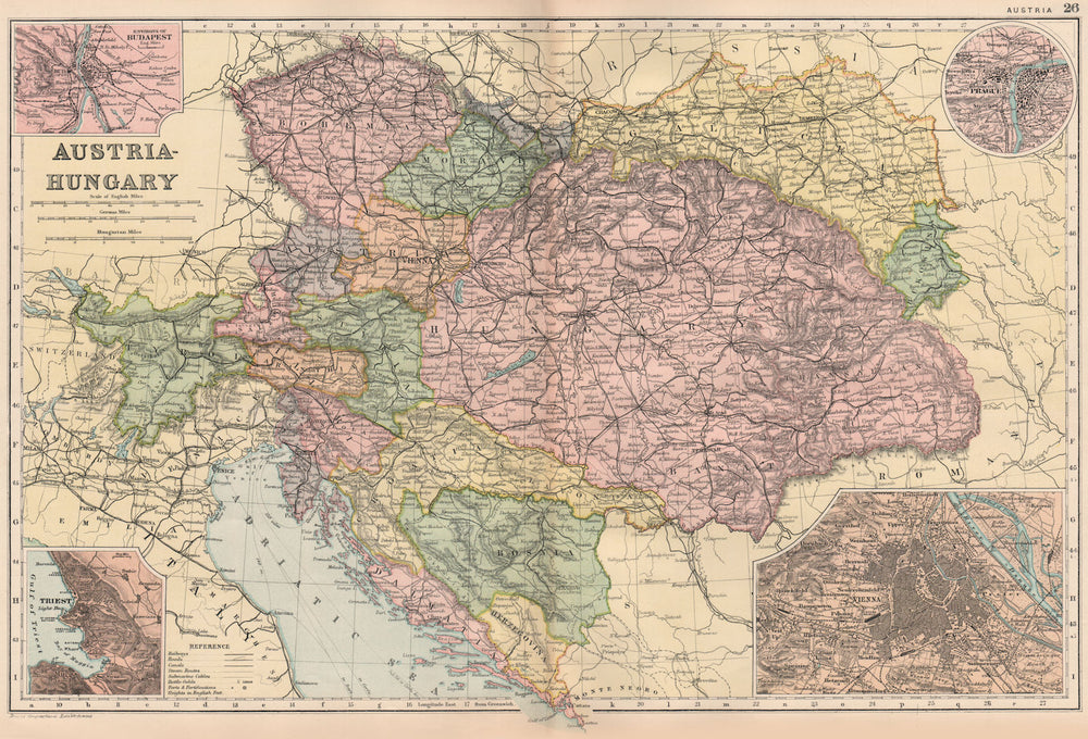 AUSTRIA-HUNGARY. Railways. Inset Budapest; Trieste Vienna Prague. BACON 1893 map