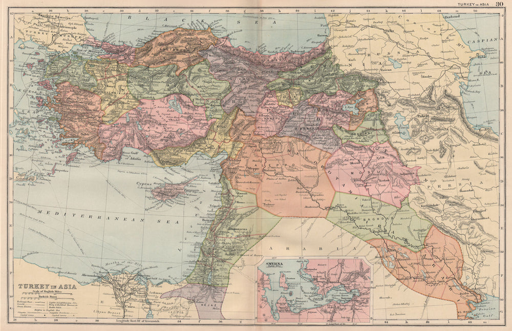 TURKEY ASIA.Ottoman Empire.Battles.Syria Iraq Palestine Levant.Smyrna 1893 map