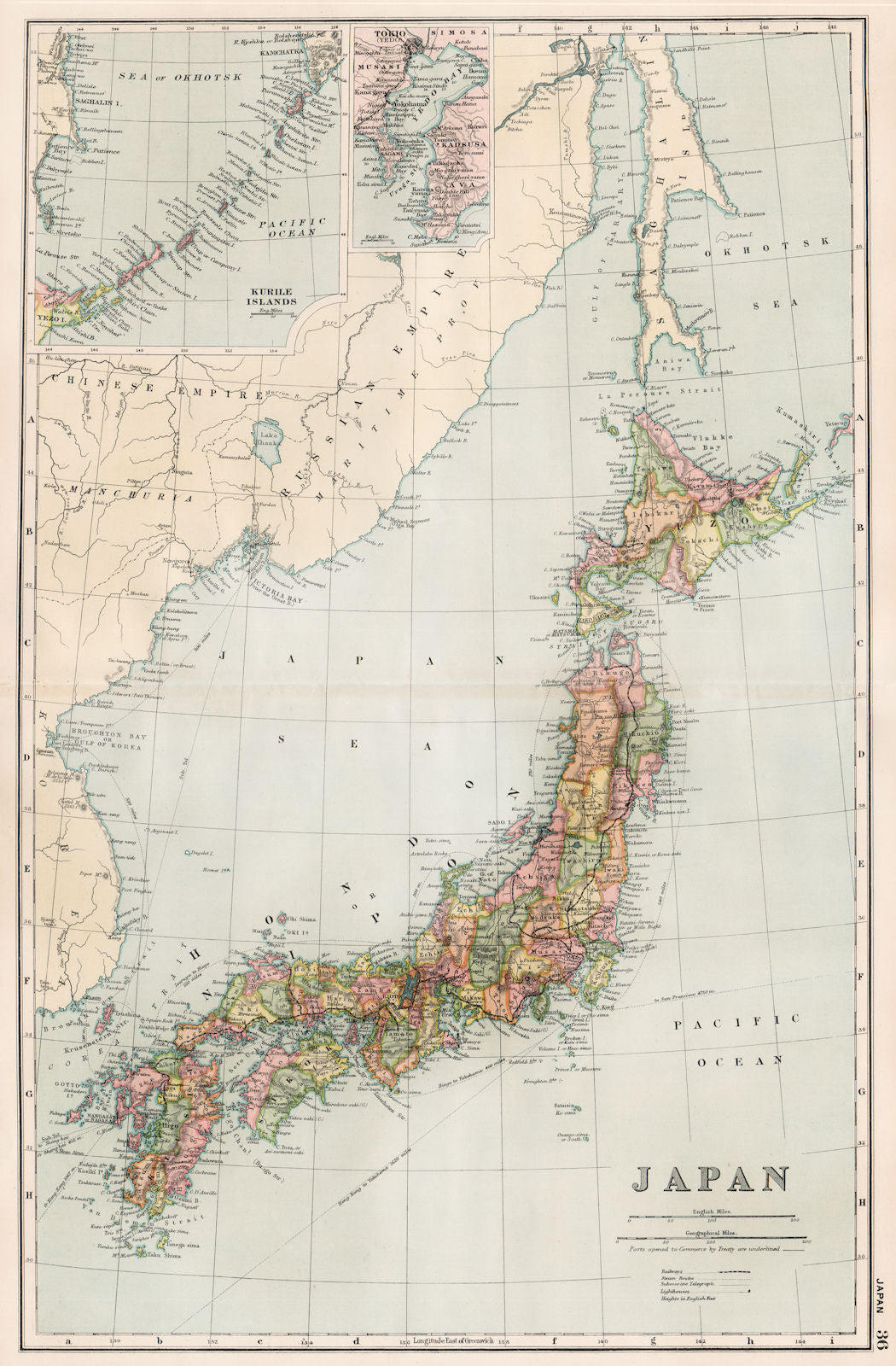 Japan Inset Map JAPAN. Railways. Inset Tokyo bay. BACON 1893 old antique map plan chart ...