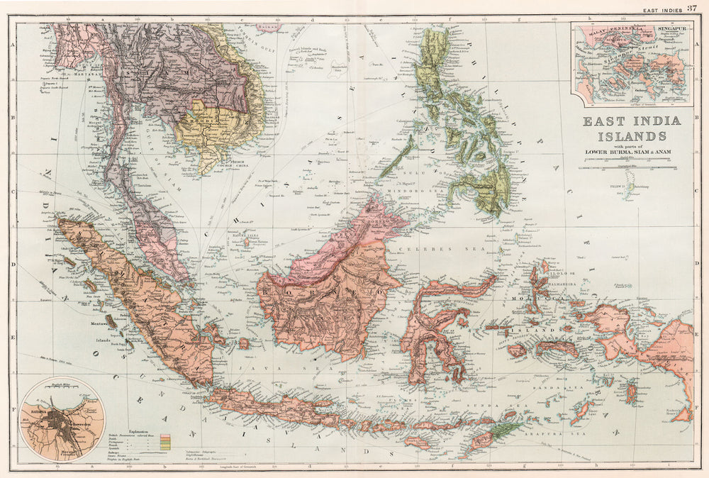 EAST INDIES. Dutch Indonesia Philippines Malaya Siam. Inset Singapore 1893 map