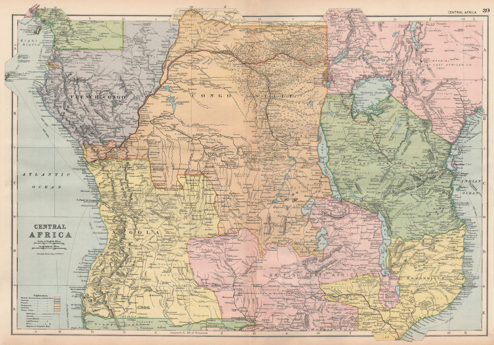 CENTRAL AFRICA. French Congo German east British Angola Tanzania. BACON 1893 map
