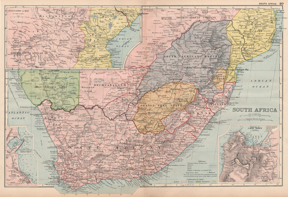 S AFRICA.Cape Colony Orange Free State.Cape Town Durban Port Elizabeth 1893 map