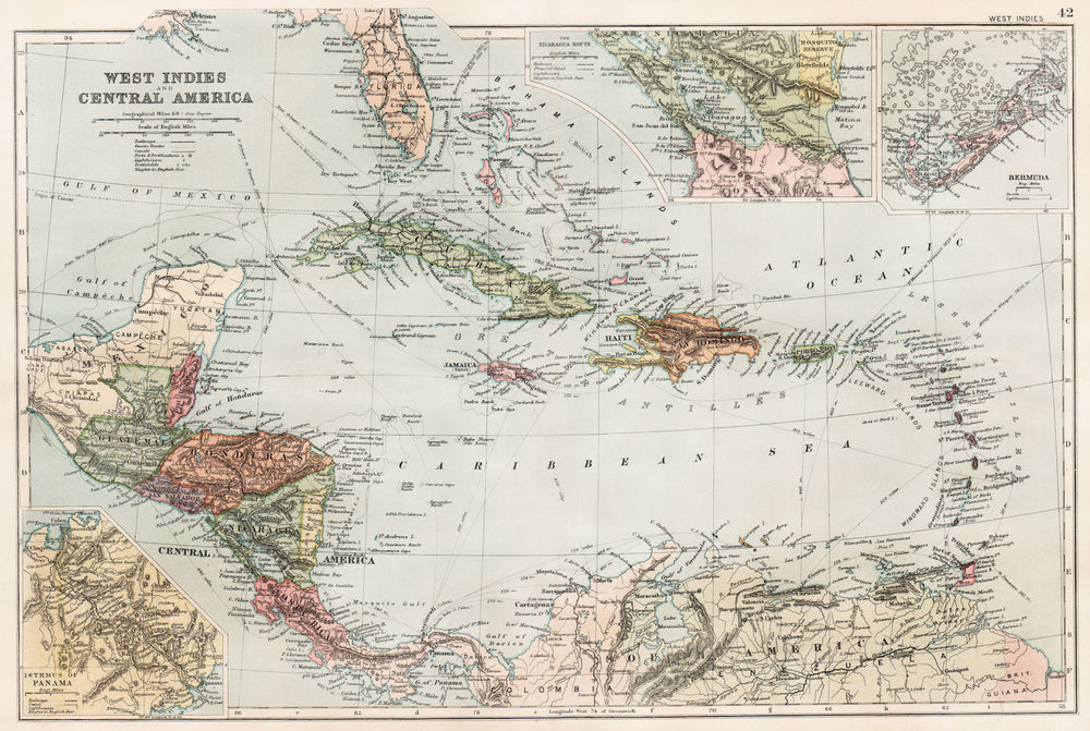 CARIBBEAN. West Indies and Central America; inset Panama Canal; Bermuda 1893 map