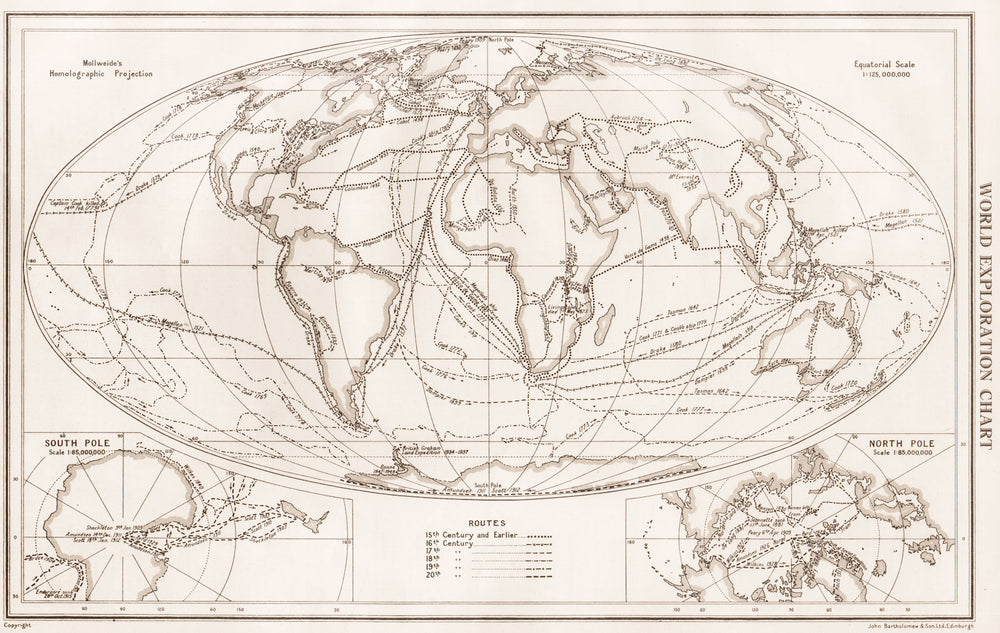 WORLD EXPLORATION. Explorers routes dates centuries. BARTHOLOMEW 1952 old map