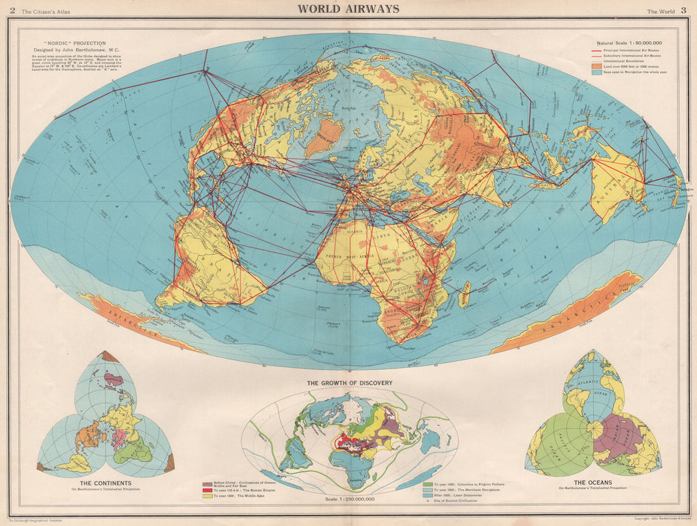 WORLD AIR ROUTES. Nordic projection. Airways. BARTHOLOMEW 1952 old vintage map