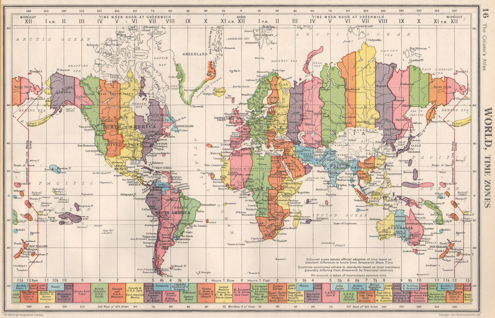 WORLD. Time Zones. UK Ireland Spain & France on same zone. BARTHOLOMEW 1952 map