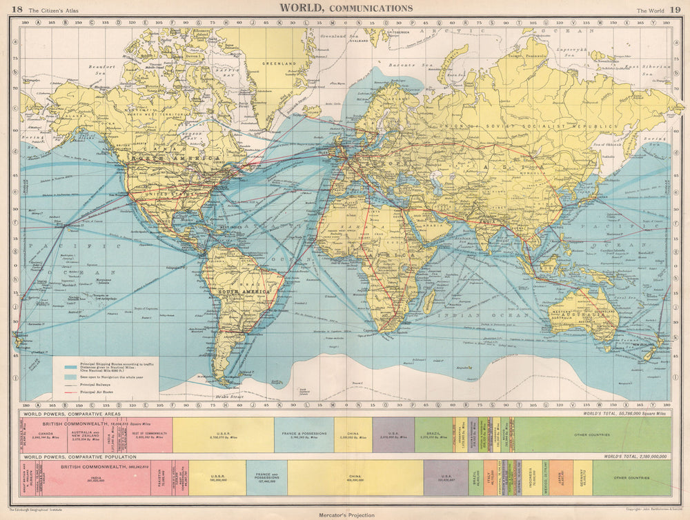 WORLD COMMUNICATIONS. air/shipping routes railways. BARTHOLOMEW 1952 old map
