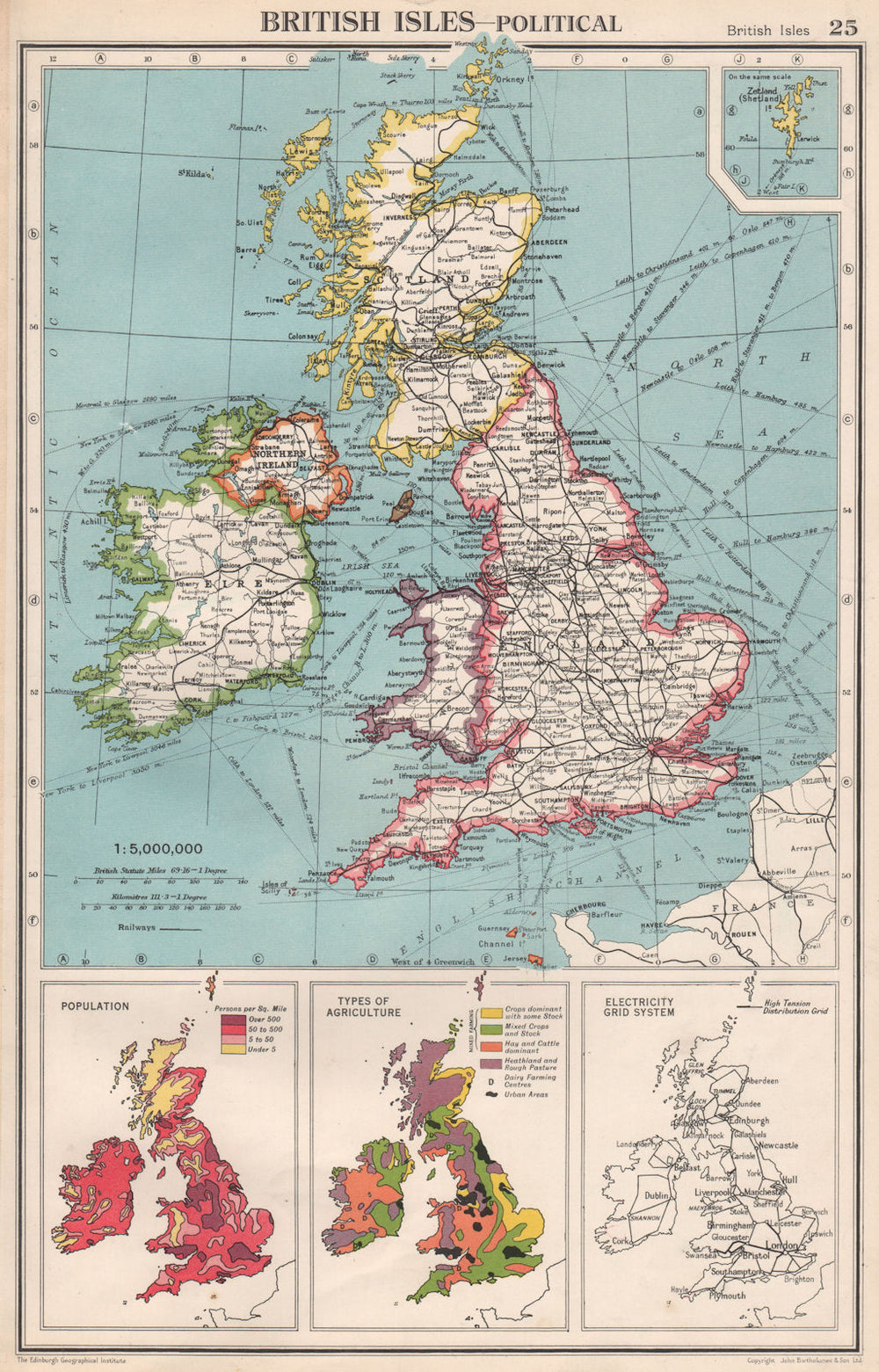 BRITISH ISLES. Population density. Agriculture types. Electricity Grid 1952 map