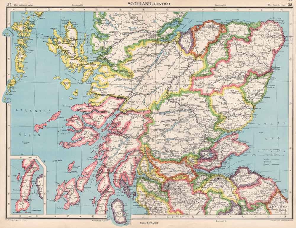 CENTRAL SCOTLAND. Showing counties. BARTHOLOMEW 1952 old vintage map chart