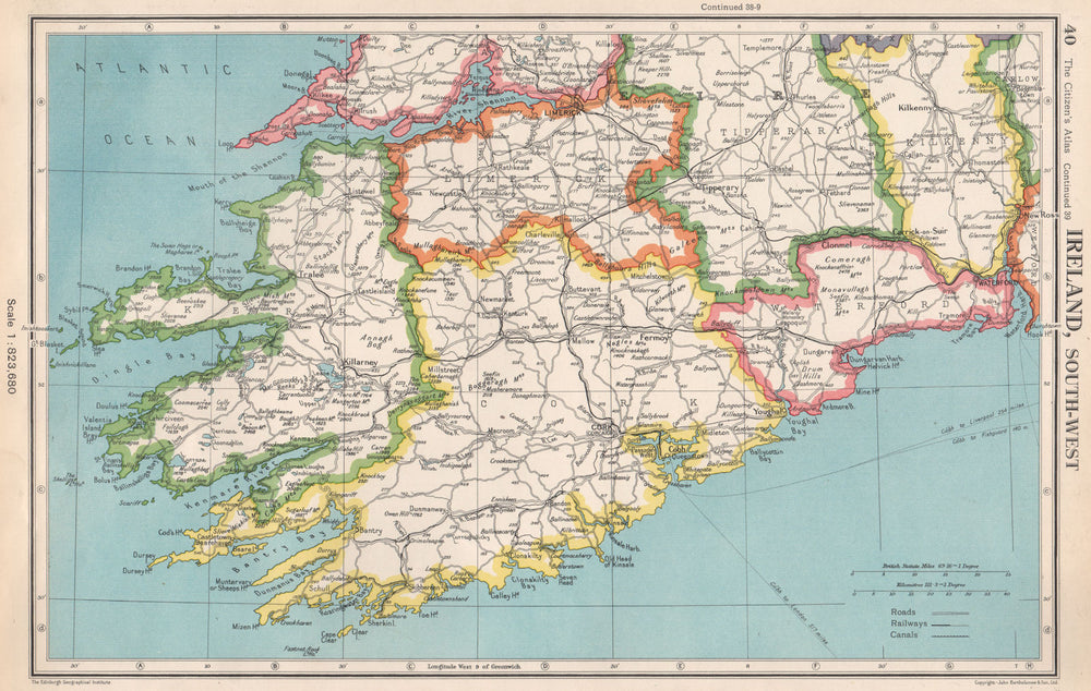 IRELAND SOUTH-WEST. Munster. Kerry Cork Limerick Tipperary Waterford 1952 map