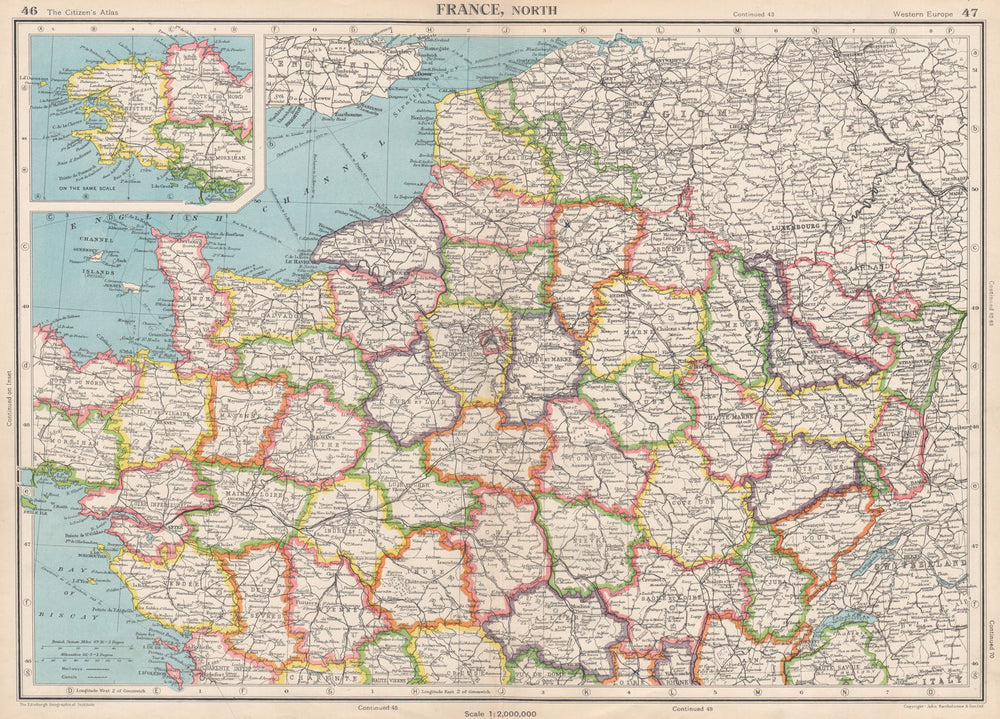 FRANCE NORTH. Shows French-occupied Saarland protectorate. BARTHOLOMEW 1952 map