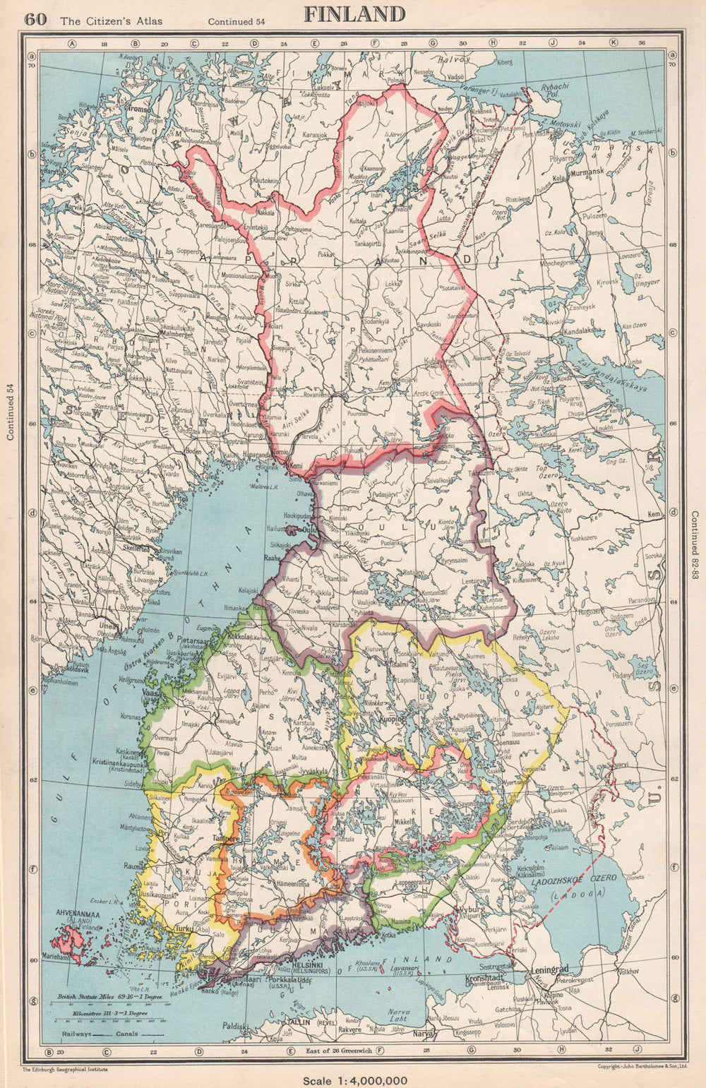 FINLAND. showing provinces. Also shows pre-1940 borders/changes 1952 old map