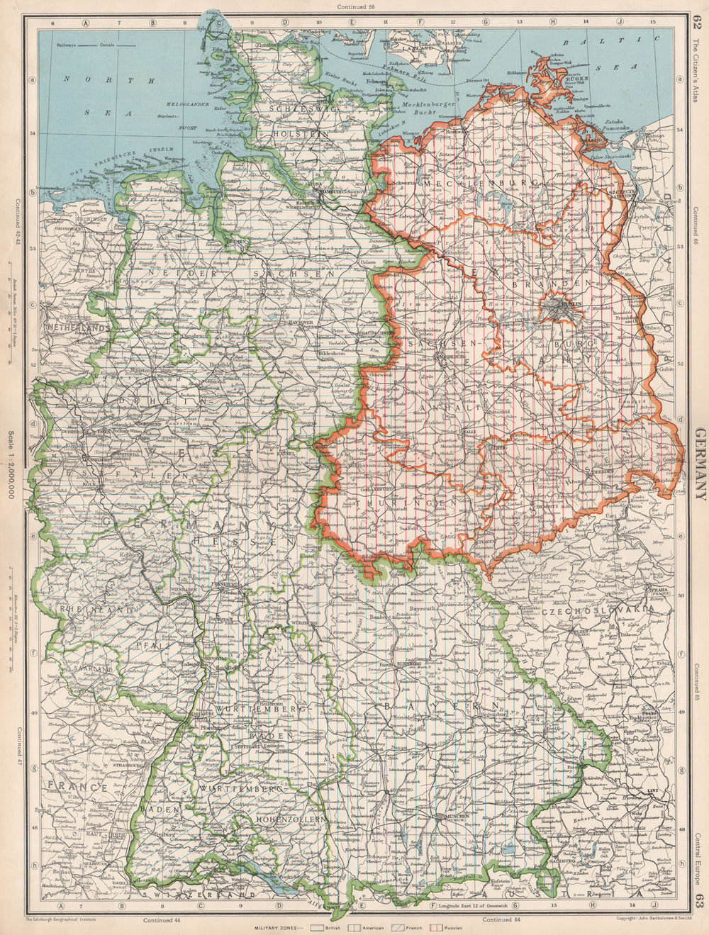 GERMANY. showing post WW2 military zones. British US French Russian 1952 map