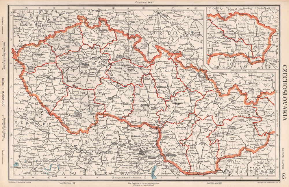CZECHOSLOVAKIA. Administrative divisions. Post 1945 borders.BARTHOLOMEW 1952 map