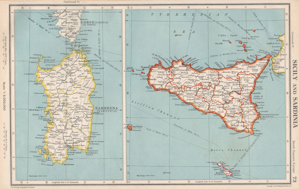 ITALY. Sicily and Sardinia Sardegna. Aeolian islands. BARTHOLOMEW 1952 old map