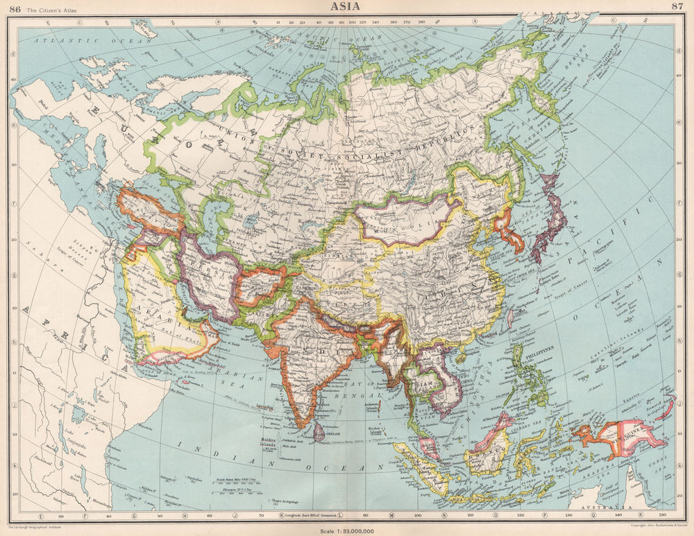 ASIA. Political. Shows West Bank under Jordanian occupation.BARTHOLOMEW 1952 map