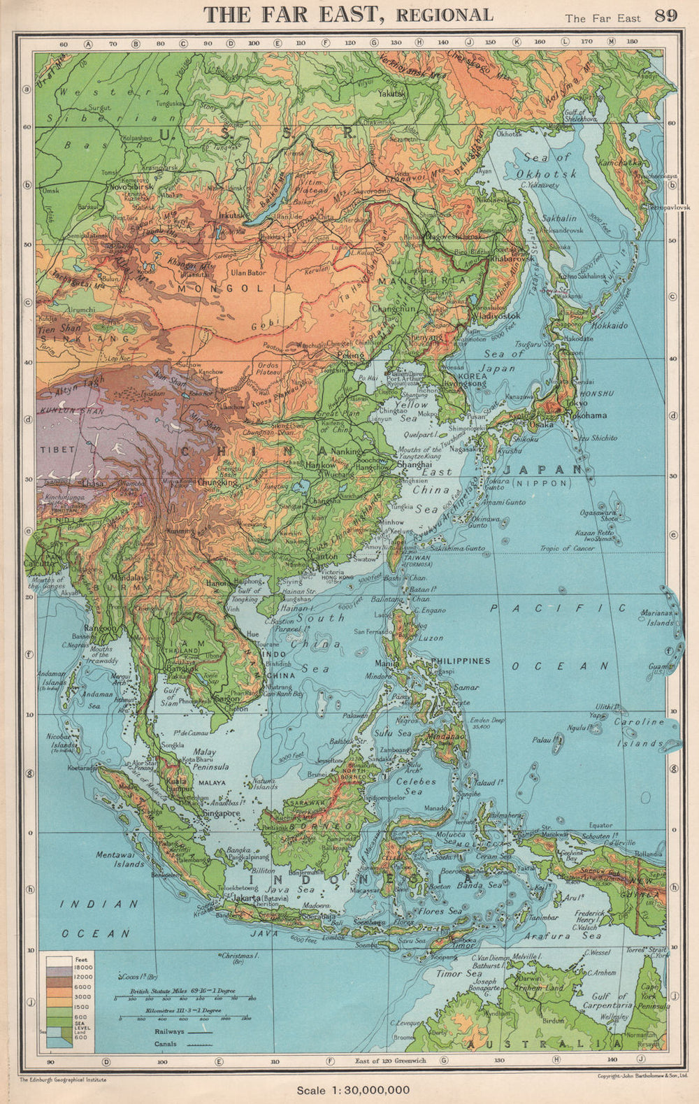 THE FAR EAST PHYSICAL. East Asia East Indies. BARTHOLOMEW 1952 old vintage map