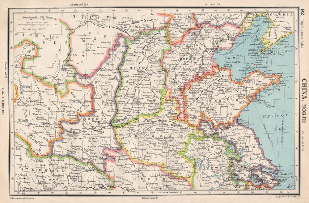 NORTH CHINA. Shandong Hopeh Shansi Kiangsu Shensi. BARTHOLOMEW 1952 old map